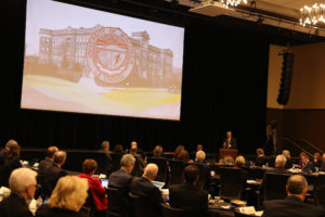 Photo of Chancellor Gow welcoming the Board of Regents to its December 2018 meeting hosted by UW-La Crosse
