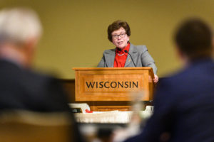 UW-Madison Chancellor Rebecca Blank speaks during her presentation at the UW System Board of Regents meeting hosted at Union South at the University of Wisconsin-Madison on Feb. 7, 2019. (Photo by Bryce Richter /UW-Madison)