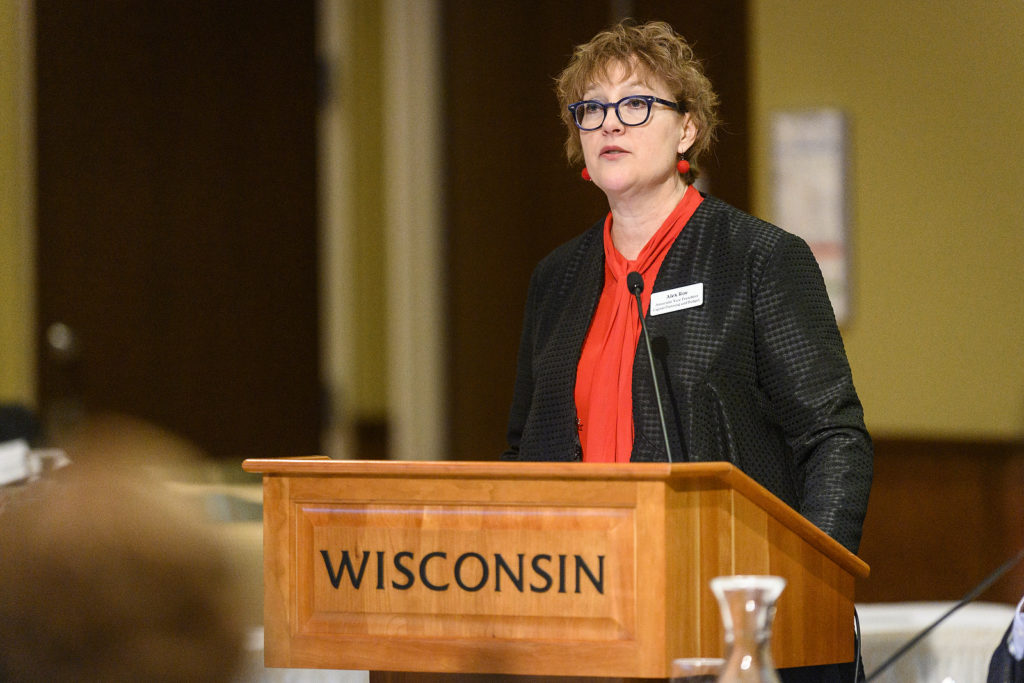 Associate Vice President Alex Roe speaks during her presentation on capital renewal at the UW System Board of Regents meeting hosted at Union South at the University of Wisconsin-Madison on Feb. 7, 2019. (Photo by Bryce Richter /UW-Madison)