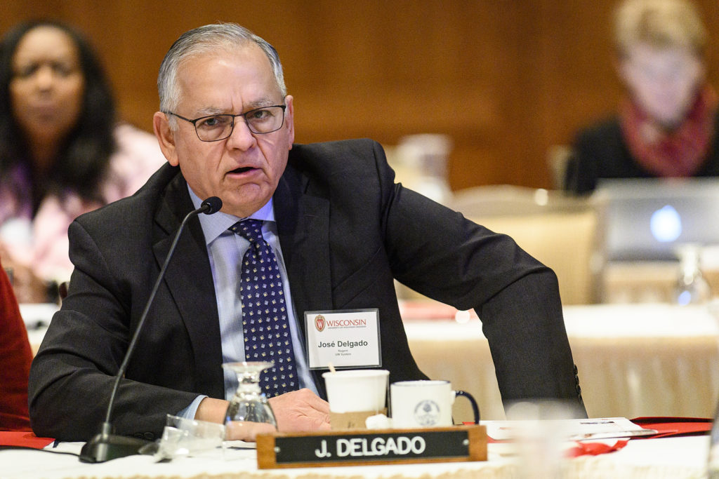 UW System Regent José Delgado speaks at the UW System Board of Regents meeting hosted at Union South at the University of Wisconsin-Madison on Feb. 7, 2019. (Photo by Bryce Richter /UW-Madison)