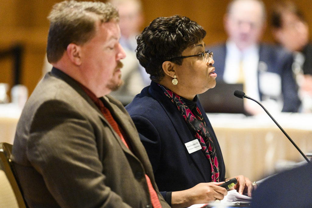 UW System Senior Associate Vice President and Resource Officer Shenita Brokenburr presents a report from the Sexual Violence and Harassment Priorities Working Group at the UW System Board of Regents meeting hosted at Union South at the University of Wisconsin-Madison on Feb. 7, 2019. (Photo by Bryce Richter /UW-Madison)