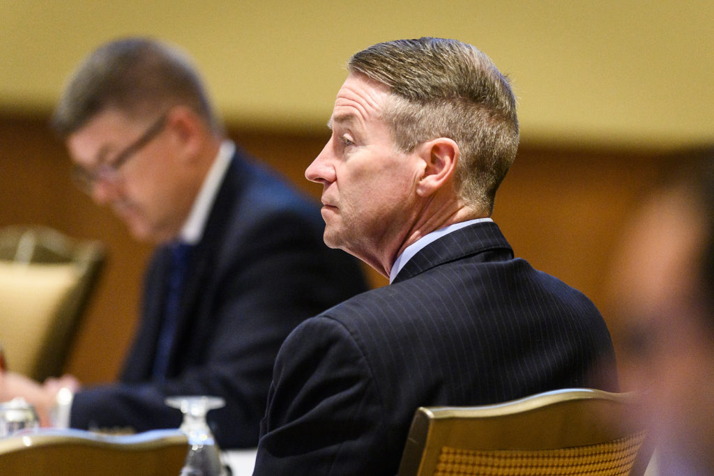 UW System Regent Mike Jones listens to a speaker at the UW System Board of Regents meeting hosted at Union South at the University of Wisconsin-Madison on Feb. 7, 2019. (Photo by Bryce Richter /UW-Madison)