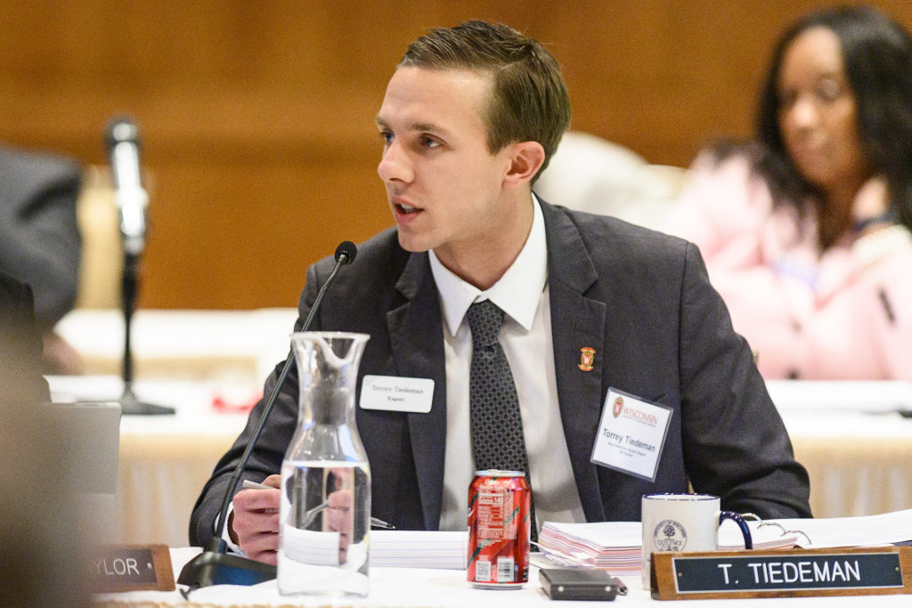 UW System Student Regent Torrey Tiedeman speaks at the UW System Board of Regents meeting hosted at Union South at the University of Wisconsin-Madison on Feb. 7, 2019. (Photo by Bryce Richter /UW-Madison)