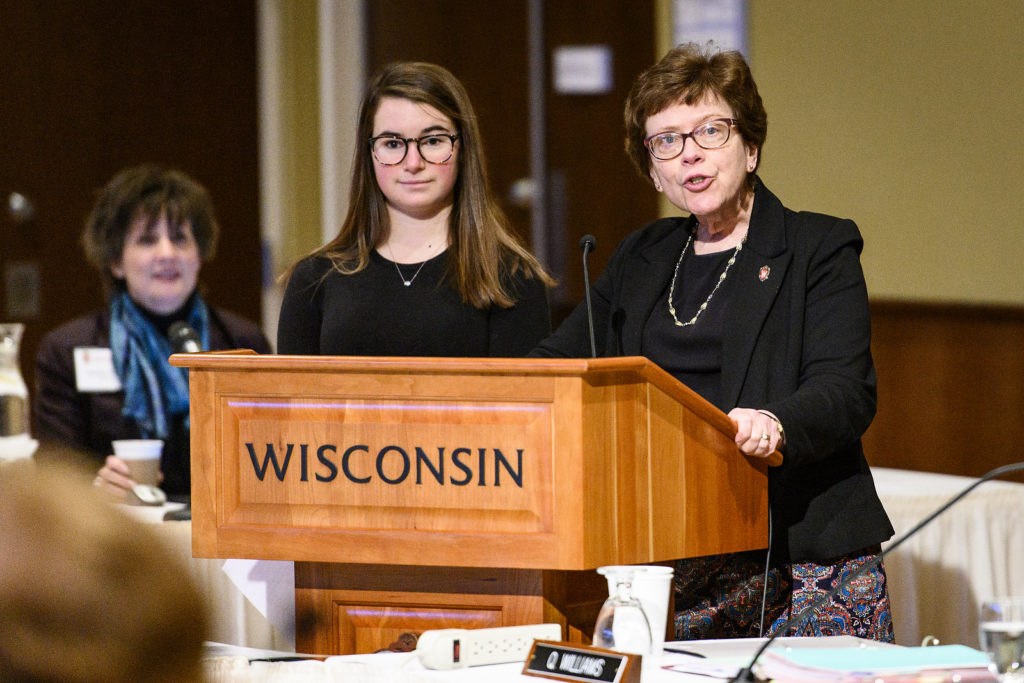 UW-Madison Chancellor Rebecca Blank introduces freshman Mackenzie Straub during the UW System President's Student Spotlight at the UW System Board of Regents meeting hosted at Union South at the University of Wisconsin-Madison on Feb. 8, 2019. (Photo by Bryce Richter /UW-Madison)