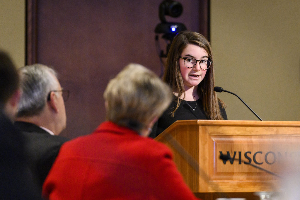 UW-Madison freshman Mackenzie Straub speaks during the UW System President's Student Spotlight at the UW System Board of Regents meeting hosted at Union South at the University of Wisconsin-Madison on Feb. 8, 2019. (Photo by Bryce Richter /UW-Madison)