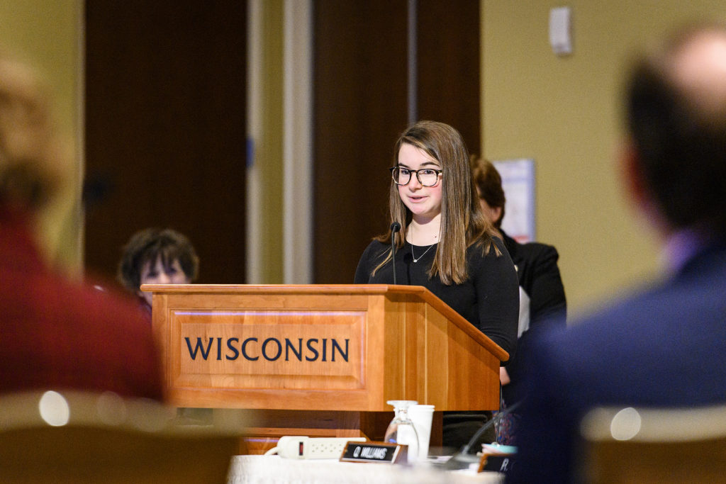 UW-Madison freshman Mackenzie Straub speaks during the UW System President's Student Spotlight at the UW System Board of Regents meeting hosted at Union South at the University of Wisconsin-Madison on Feb. 8, 2019. (Photo by Bryce Richter /UW-Madison)