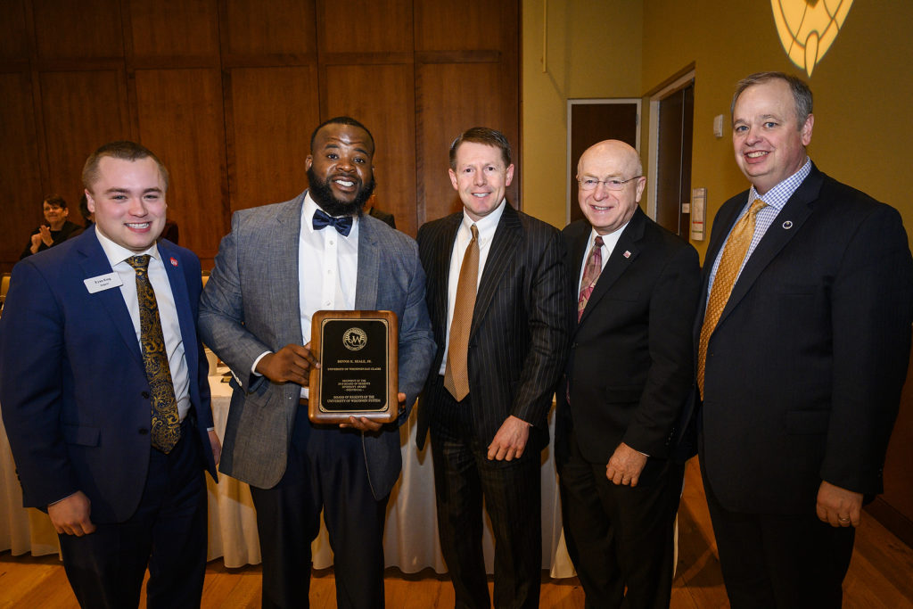 Dennis Beale from UW-Eau Claire receives a UW Board of Regents Diversity Award at the UW System Board of Regents meeting hosted at Union South at the University of Wisconsin-Madison on Feb. 8, 2019. (Photo by Bryce Richter /UW-Madison)