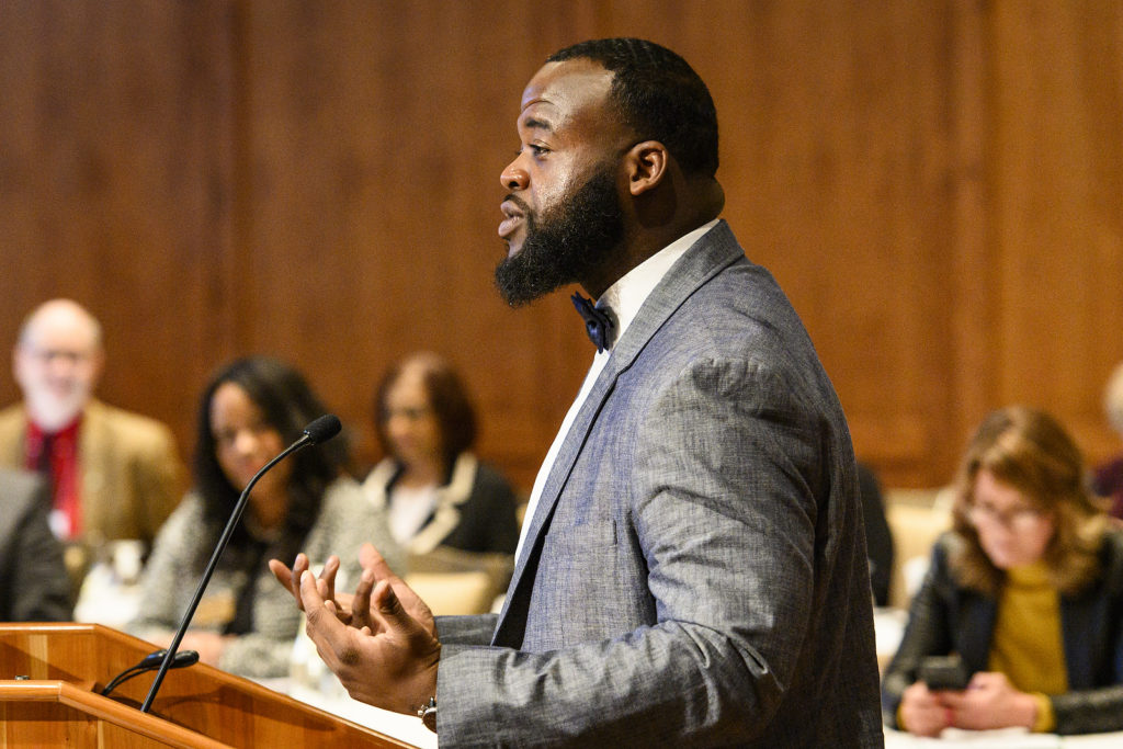 Dennis Beale from UW-Eau Claire receives a UW Board of Regents Diversity Award at the UW System Board of Regents meeting hosted at Union South at the University of Wisconsin-Madison on Feb. 8, 2019. (Photo by Bryce Richter /UW-Madison)