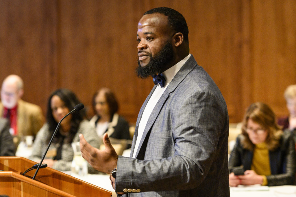 Dennis Beale from UW-Eau Claire receives a UW Board of Regents Diversity Award at the UW System Board of Regents meeting hosted at Union South at the University of Wisconsin-Madison on Feb. 8, 2019. (Photo by Bryce Richter /UW-Madison)