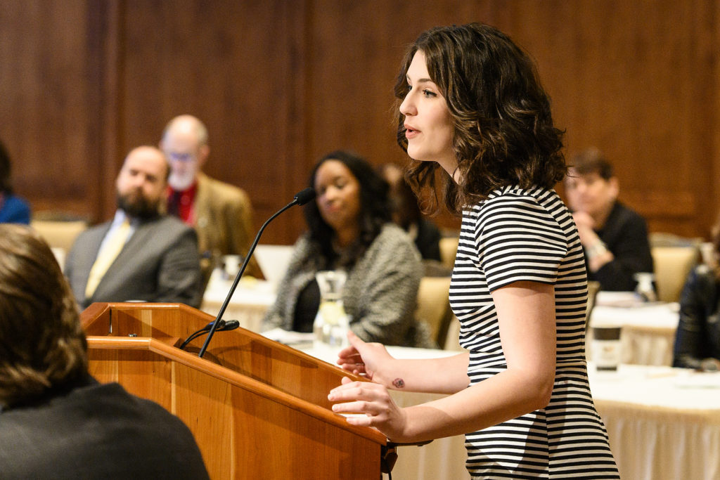 Quincy Kissack, assistant director of Student Associate Professional Staff at UW-Milwaukee, receives a UW Board of Regents Diversity Award on behalf of the UW-M Food Center and Pantry at the UW System Board of Regents meeting hosted at Union South at the University of Wisconsin-Madison on Feb. 8, 2019. (Photo by Bryce Richter /UW-Madison)