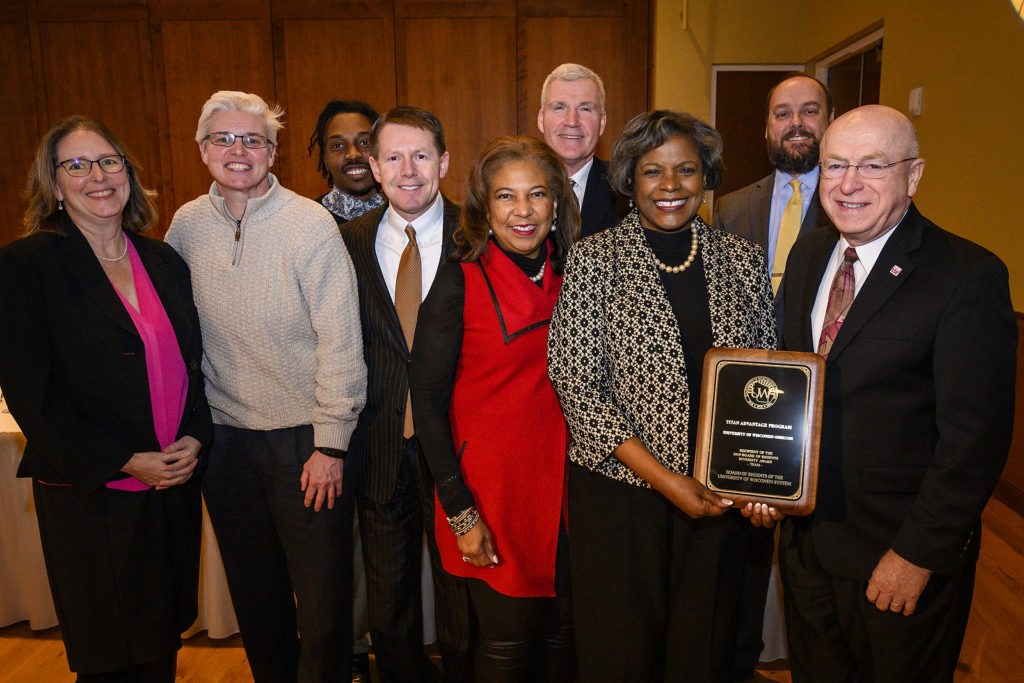 Sylvia Carey-Butler, associate vice chancellor of academic support of inclusive excellence at UW-Oshkosh, receives a UW Board of Regents Diversity Award on behalf of the Titan Advantage Program at UW-Oshkosh during the UW System Board of Regents meeting hosted at Union South at the University of Wisconsin-Madison on Feb. 8, 2019. (Photo by Bryce Richter /UW-Madison)