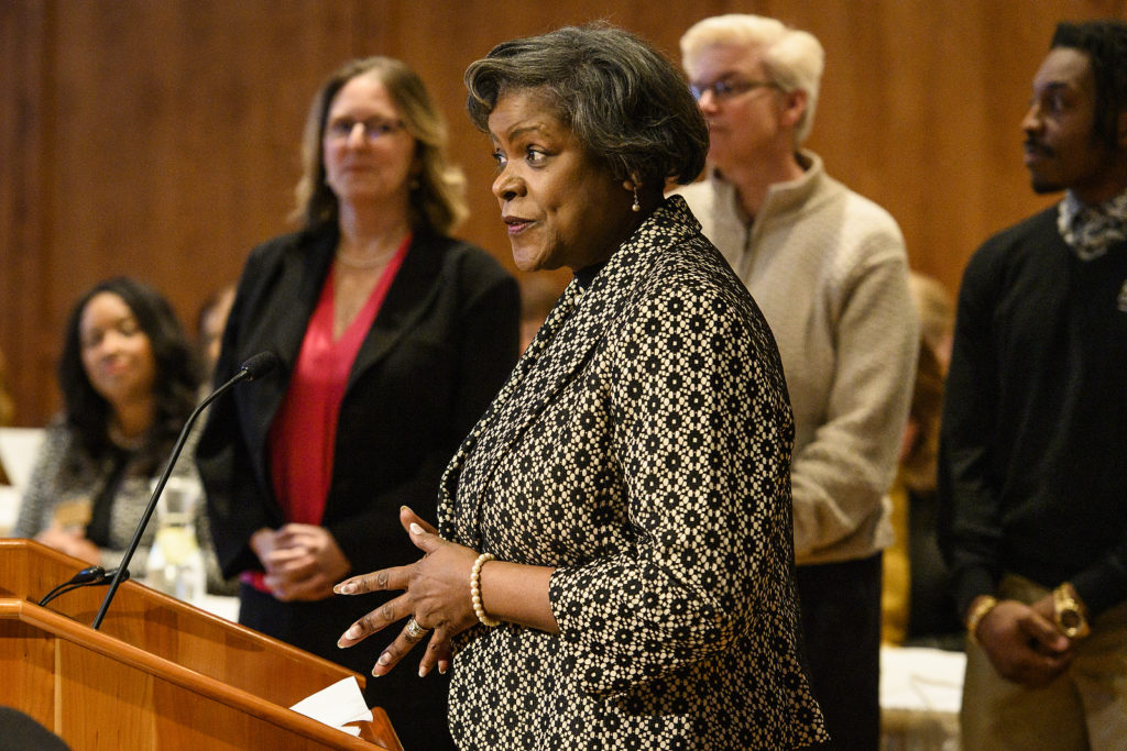Sylvia Carey-Butler, associate vice chancellor of academic support of inclusive excellence at UW-Oshkosh, receives a UW Board of Regents Diversity Award on behalf of the Titan Advantage Program at UW-Oshkosh during the UW System Board of Regents meeting hosted at Union South at the University of Wisconsin-Madison on Feb. 8, 2019. (Photo by Bryce Richter /UW-Madison)