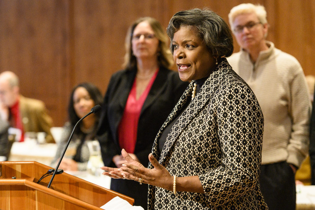 Sylvia Carey-Butler, associate vice chancellor of academic support of inclusive excellence at UW-Oshkosh, receives a UW Board of Regents Diversity Award on behalf of the Titan Advantage Program at UW-Oshkosh during the UW System Board of Regents meeting hosted at Union South at the University of Wisconsin-Madison on Feb. 8, 2019. (Photo by Bryce Richter /UW-Madison)