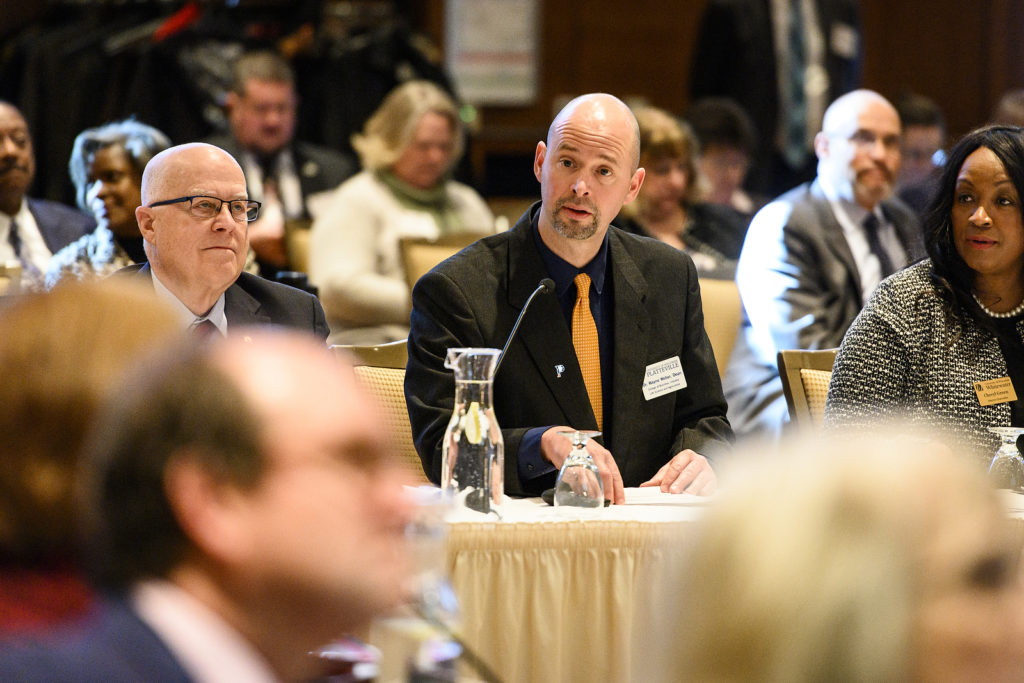 Wayne Weber, dean of the College of Business, Industry Life Science and Agriculture at the University of Wisconsin Platteville, speaks during the UW System Board of Regents meeting hosted at Union South at the University of Wisconsin-Madison on Feb. 8, 2019. (Photo by Bryce Richter /UW-Madison)