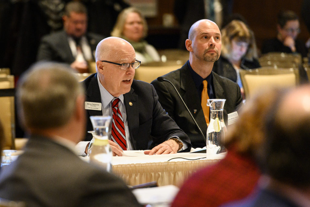 Bernie Patterson, chancellor of the University of Wisconsin- Stevens Point, speaks during the UW System Board of Regents meeting hosted at Union South at the University of Wisconsin-Madison on Feb. 8, 2019. (Photo by Bryce Richter /UW-Madison)