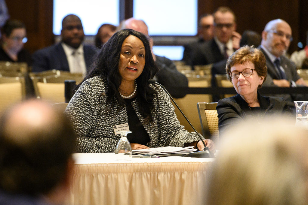 Cheryl Green, interim chancellor of the University of Wisconsin-Whitewater, speaks during the UW System Board of Regents meeting hosted at Union South at the University of Wisconsin-Madison on Feb. 8, 2019. (Photo by Bryce Richter /UW-Madison)