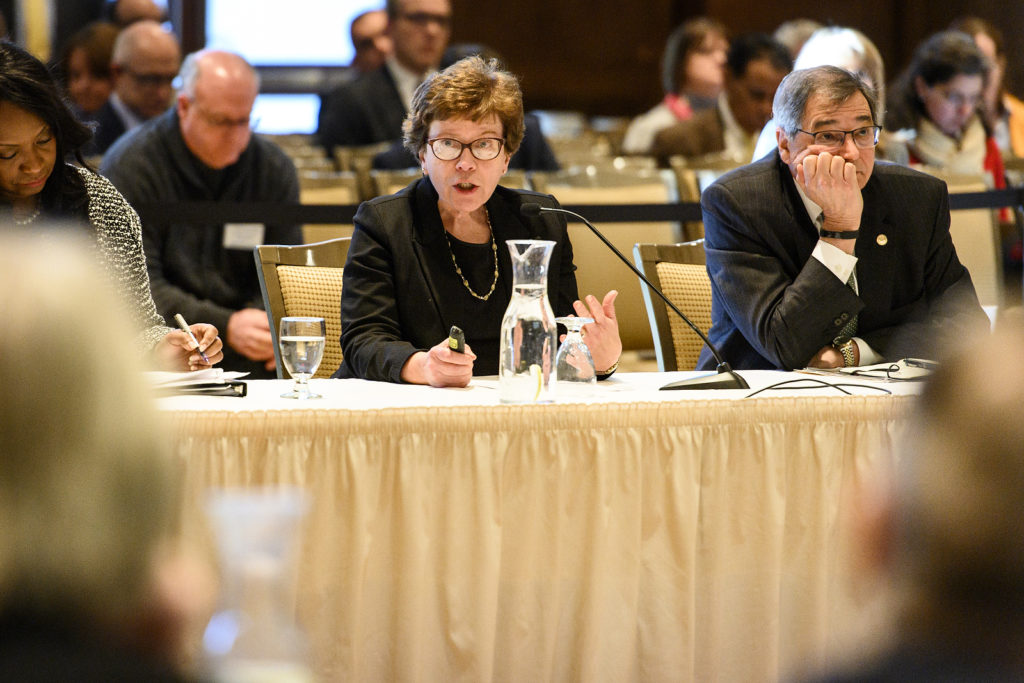 Rebecca Blank, chancellor of the University of Wisconsin Madison, speaks during the UW System Board of Regents meeting hosted at Union South at the University of Wisconsin-Madison on Feb. 8, 2019. (Photo by Bryce Richter /UW-Madison)