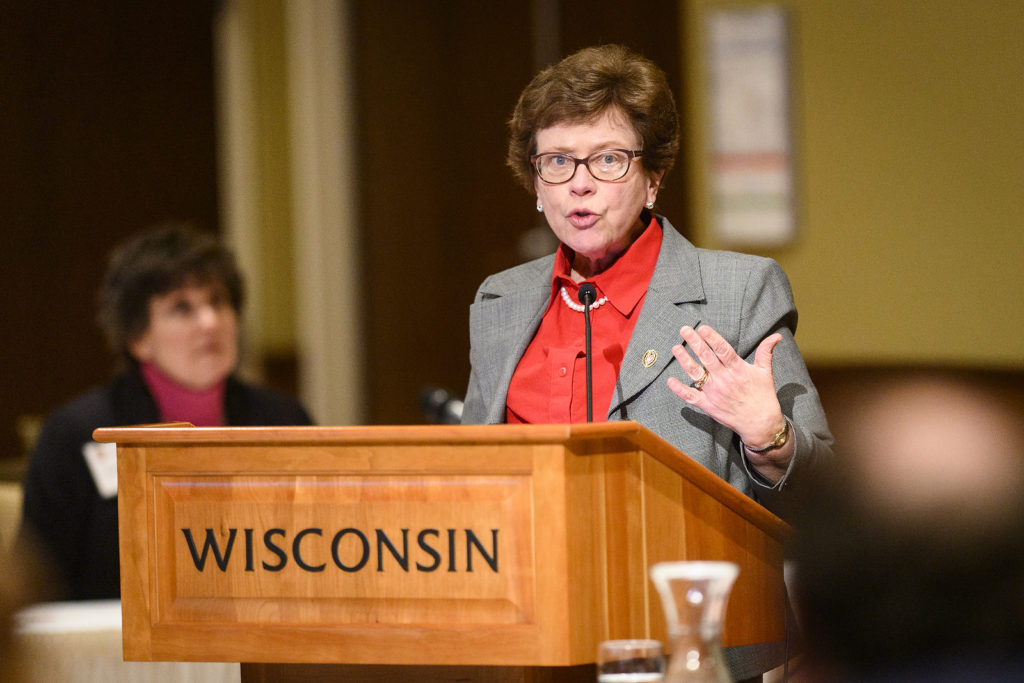 UW-Madison Chancellor Rebecca Blank speaks during her presentation at the UW System Board of Regents meeting hosted at Union South at the University of Wisconsin-Madison on Feb. 7, 2019. (Photo by Bryce Richter /UW-Madison)
