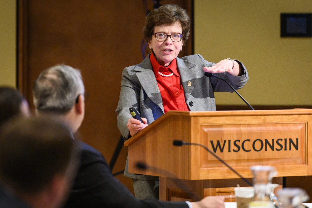 UW-Madison Chancellor Rebecca Blank speaks during her presentation at the UW System Board of Regents meeting hosted at Union South at the University of Wisconsin-Madison on Feb. 7, 2019. (Photo by Bryce Richter /UW-Madison)