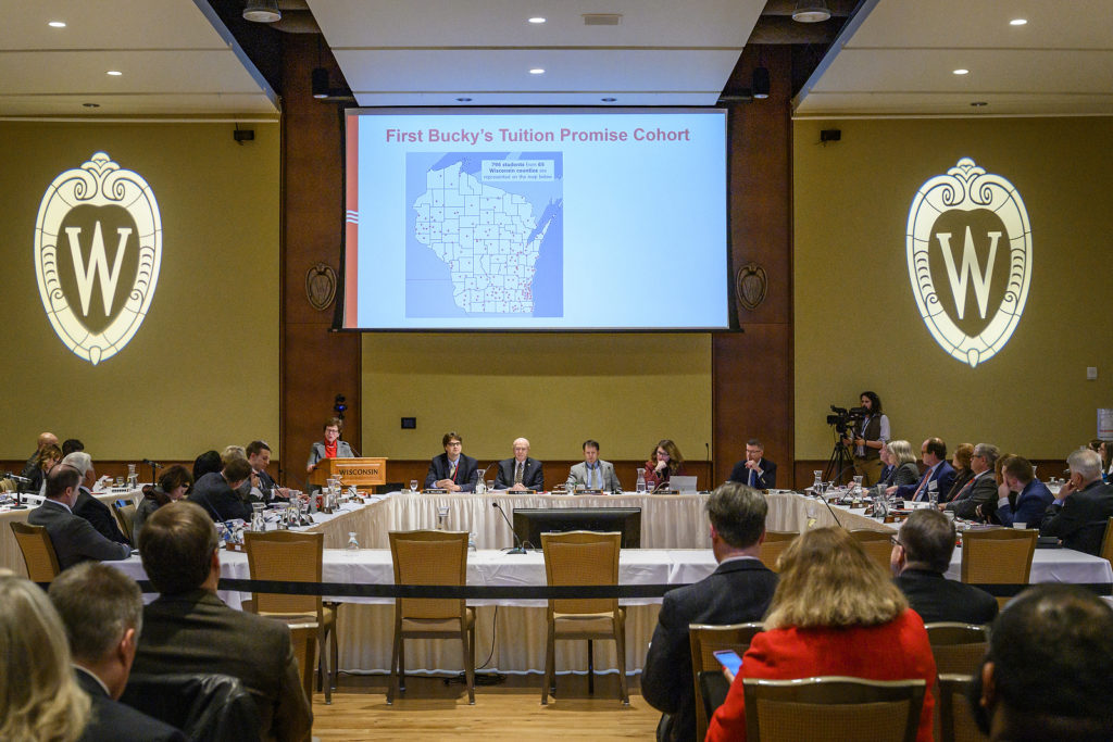 UW-Madison Chancellor Rebecca Blank speaks during her presentation at the UW System Board of Regents meeting hosted at Union South at the University of Wisconsin-Madison on Feb. 7, 2019. (Photo by Bryce Richter /UW-Madison)