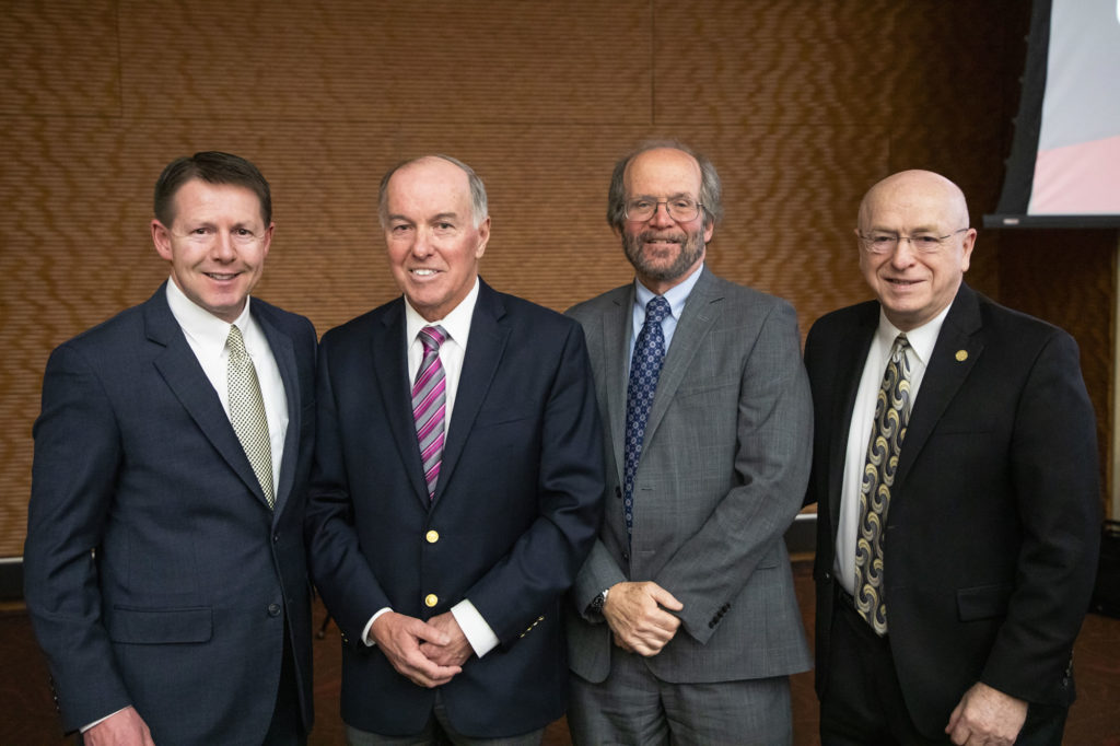 Photo of (from left) Regent President John Robert Behling; Dr. Robert Dempsey; Dean Robert Golden, and UW System President Ray Cross. (Photo by Craig Wild/UW-Madison)