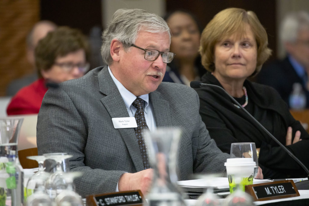 Photo of Regent Mark Tyler speaking at the Board of Regents meeting held March 7, 2019. (Photo by Craig Wild/UW-Madison)