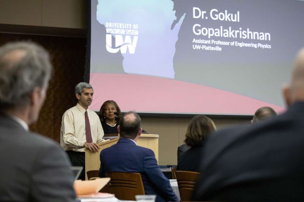 Photo of 2019 Regent Scholar Gokul Gopalakrishman, assistant professor of Engineering Physics at UW-Platteville. (Photo by Craig Wild/UW-Madison)
