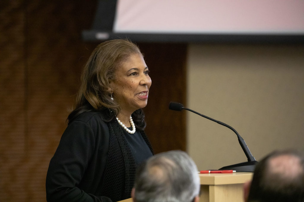 Photo of Regent Eve Hall introducing the 2019 Regent Scholars. (Photo by Craig Wild/UW-Madison)