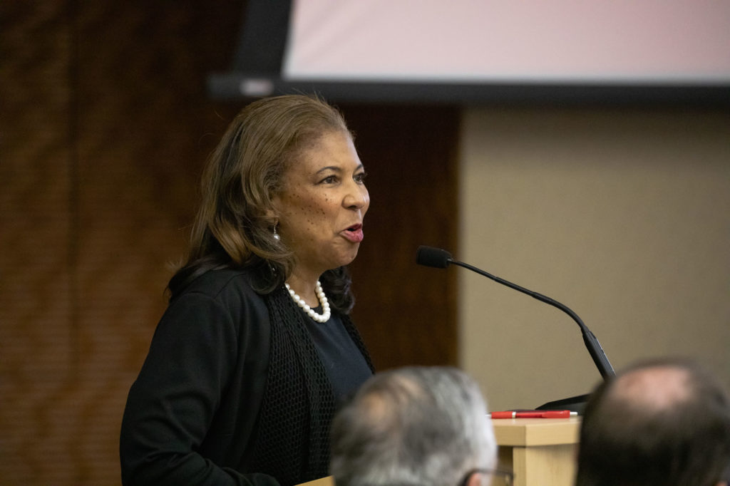 Photo of Regent Eve Hall introducing the 2019 Regent Scholars. (Photo by Craig Wild/UW-Madison)