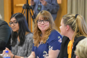 Photo of three student panelists who joined the conversation on behavioral health. (from left) Manasi Mohan, a molecular biology major at UW-Madison; Anjuli Holmes, a psychology major at UW-Parkside; and Sage Lefebvre, a philosophy major at UW-Stevens Point.