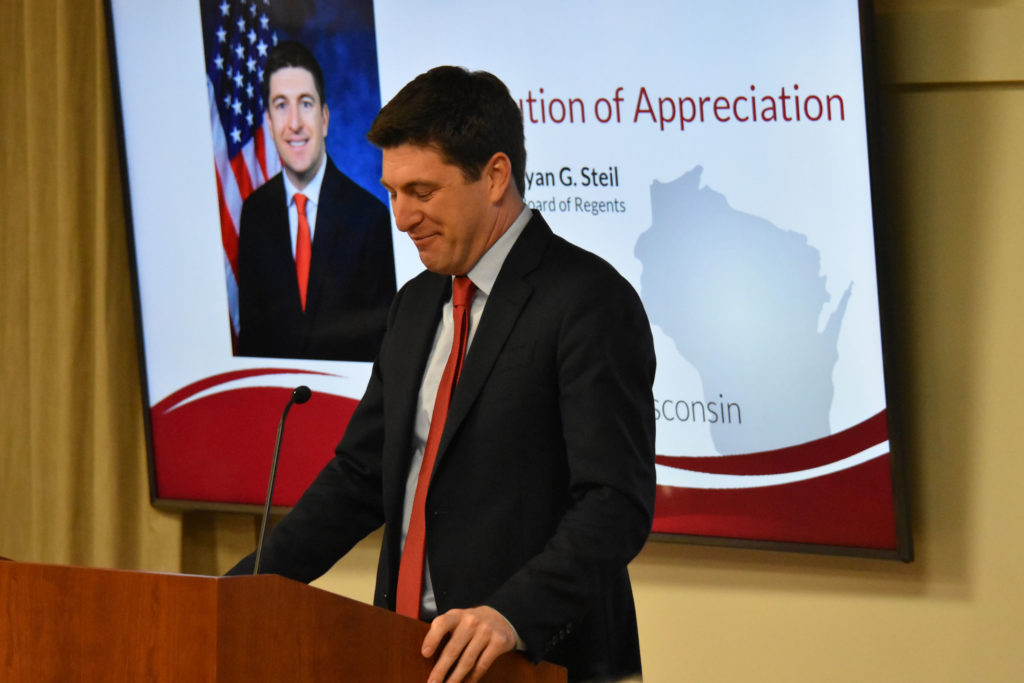 Photo of Regent Emeritus Bryan Steil making acceptance remarks after receiving a resolution of appreciation for his service on the UW System Board of Regents.