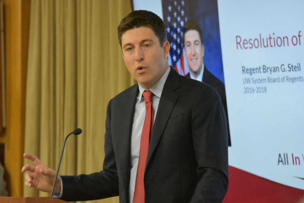 Photo of Regent Emeritus Bryan Steil making acceptance remarks after receiving a resolution of appreciation for his service on the UW System Board of Regents.