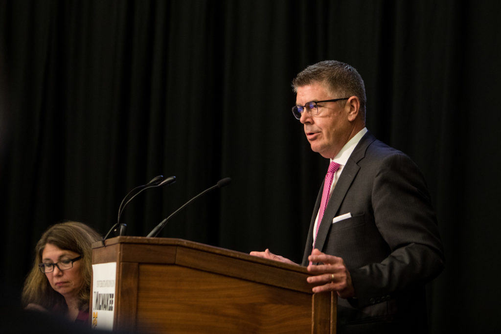 Photo of Regent Drew Petersen introducing Regent Ryan Ring's resolution of appreciation