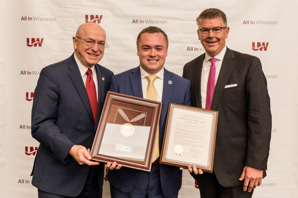 Photo of (from left) President Ray Cross, Regent Emeritus Ryan Ring, and Regent Drew Petersen