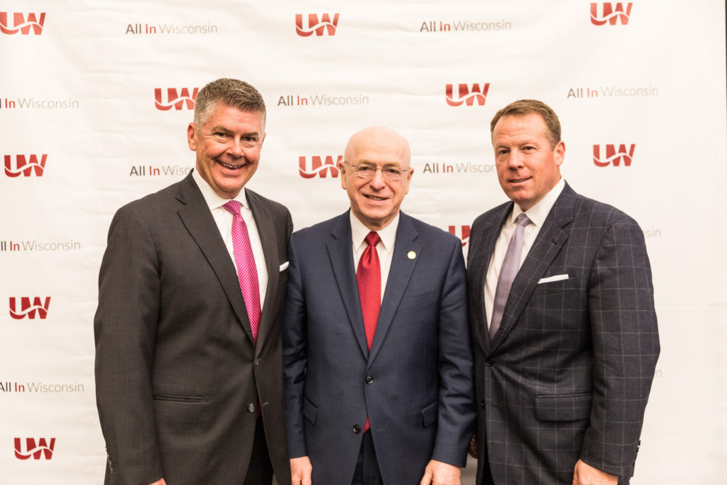 Photo of (from left) Regent President Drew Petersen, UW System President Ray Cross, and Regent Vice President Michael M. Grebe