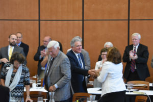 Photo of UW-Stout Chancellor Robert (Bob) Meyer greeting Regents