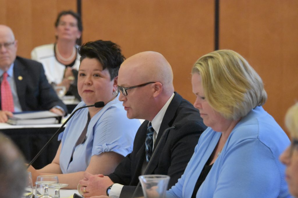 Photo of Chris Navia, UW System’s Associate Vice President for Student Success; UW-Superior Dean of Students Harry Anderson; and UW-Stout Dean of Students Sandra Scott