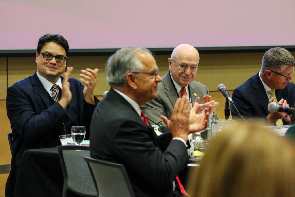 Photo of Regents applauding at the October 10, 2019, Board of Regents meeting hosted by UW-Superior.