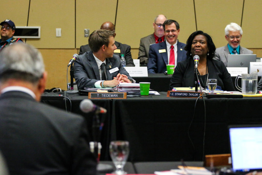 Photo of Regent Jason Plante and Regent Carolyn Stanford Taylor at the October 10, 2019, Board of Regents meeting hosted by UW-Superior.