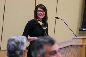 Photo of UW-Superior Chancellor Renee Wachter giving the host campus presentation, “Small But Mighty: A Story of Superior Impact,” to the Board of Regents at its October 10, 2019, meeting hosted by UW-Superior.