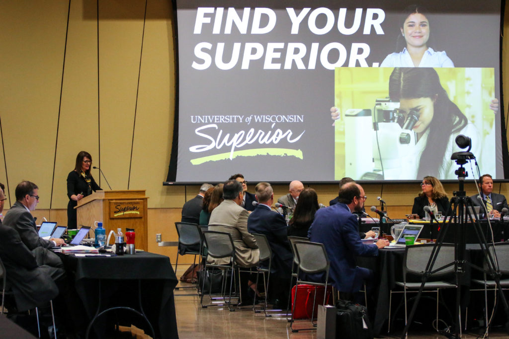 Photo of UW-Superior Chancellor Renee Wachter giving the host campus presentation, “Small But Mighty: A Story of Superior Impact,” to the Board of Regents at its October 10, 2019, meeting hosted by UW-Superior.