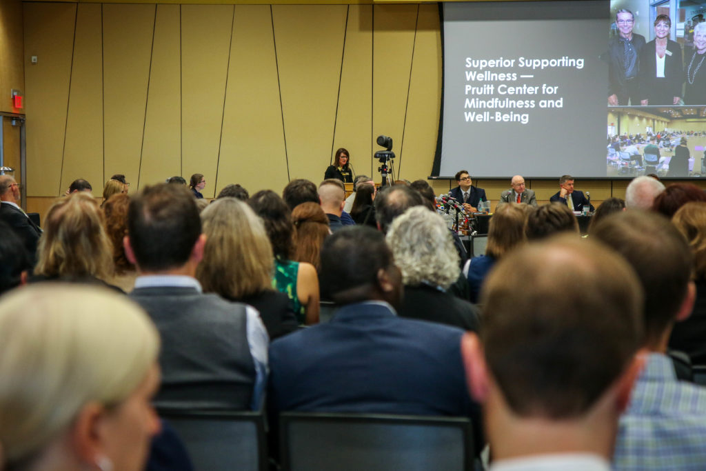 Photo of UW-Superior Chancellor Renee Wachter presenting to the Board of Regents at its October 10, 2019, Board of Regents meeting hosted by UW-Superior.