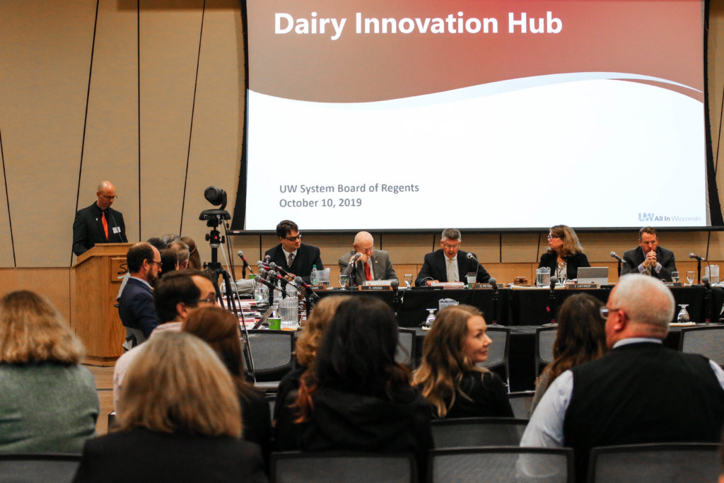 Photo of Dairy Innovation Hub presentation at the Board of Regents meeting hosted by UW-Superior on October 10, 2019.