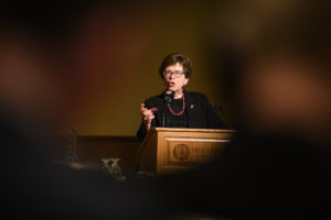 Photo of UW-Madison Chancellor Becky Blank UW-Madison Chancellor Rebecca Blanks speaking during her presentation at the UW System Board of Regents meeting hosted at Union South at the University of Wisconsin–Madison on Feb. 6, 2020. (Photo by Bryce Richter/UW-Madison)