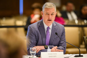 Photo of Timothy Sheehy, president of the Metropolitan Milwaukee Association of Commerce, during his presentation at the UW System Board of Regents meeting hosted at Union South at the University of Wisconsin-Madison on Feb. 6, 2020. (Photo by Bryce Richter/UW-Madison)