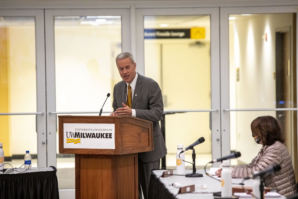 Photo of UW-Milwaukee Chancellor Mark Mone addresses the Board of Regents at its June 3, 2021, meeting hosted by UW-Milwaukee