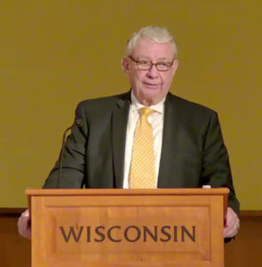 Photo of UW System President Tommy Thompson making farewell remarks to the Board of Regents. Thompson steps down from the position on March 18, 2022.