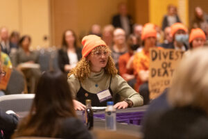 Photo of Molly McGuire, one of five UW System students speaking to the Board of Regents advocating for greater sustainability efforts