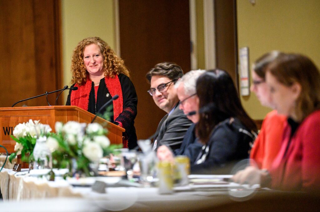 Photo of Chancellor Jennifer Mnookin delivering a speech during the UW Board of Regents meeting hosted at Union South at the University of Wisconsin–Madison on Feb. 9, 2023. During the speech, Mnookin announced the creation of Bucky’s Pell Pathway. (Photo by Althea Dotzour / UW–Madison)