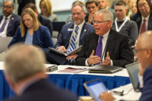 Photo of UW System President Jay Rothman addressing the Board of Regents at its March 2023 meeting hosted by UW-Stout. / UW-Stout